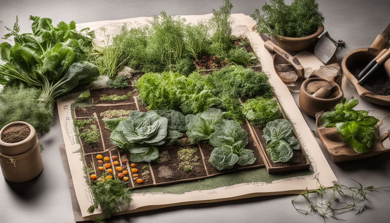 Handgetekende Tuinindeling Met Groenten En Kruiden Naast Tuingereedschap En Zaadpakketten.