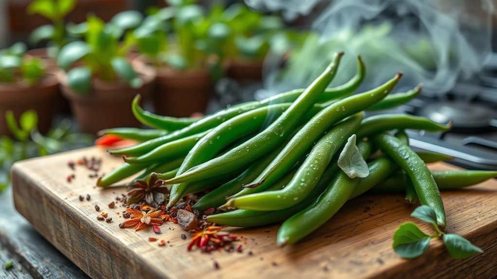 Verse sperziebonen op een houten snijplank met diverse kruiden, waaronder steranijs en peperkorrels. Stoom stijgt op in de achtergrond, wat duidt op koken. Potplanten zijn zichtbaar achter de plank.