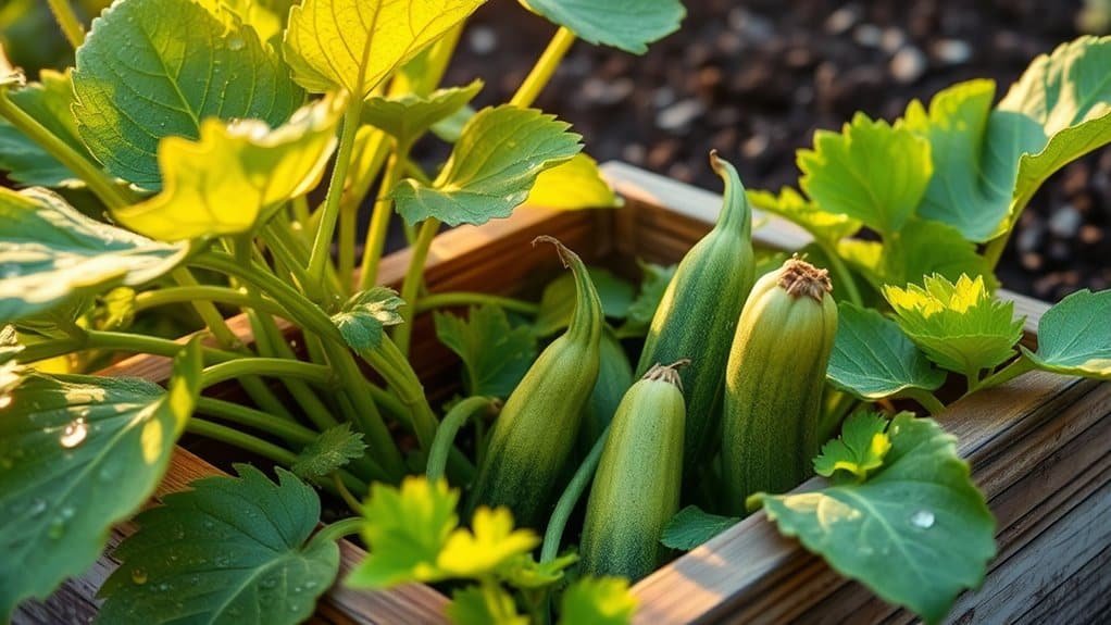 Een houten plantenbak met kleine courgetteplanten die groeien. De courgettes zijn groen en omgeven door levendige bladeren, met zonlicht dat een warme gloed op ze werpt. Dauwdruppels zijn zichtbaar op sommige bladeren, wat de versheid benadrukt.