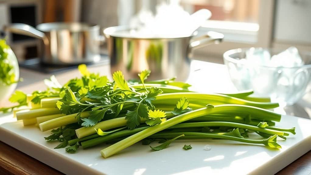 Een stapel verse groene stengels bleekselderij en bladrijke koriander rusten op een witte snijplank in een lichte keuken. Een metalen pot op het fornuis en een kom met ijs staan op de achtergrond, zacht vervaagd door het binnenstromende zonlicht.