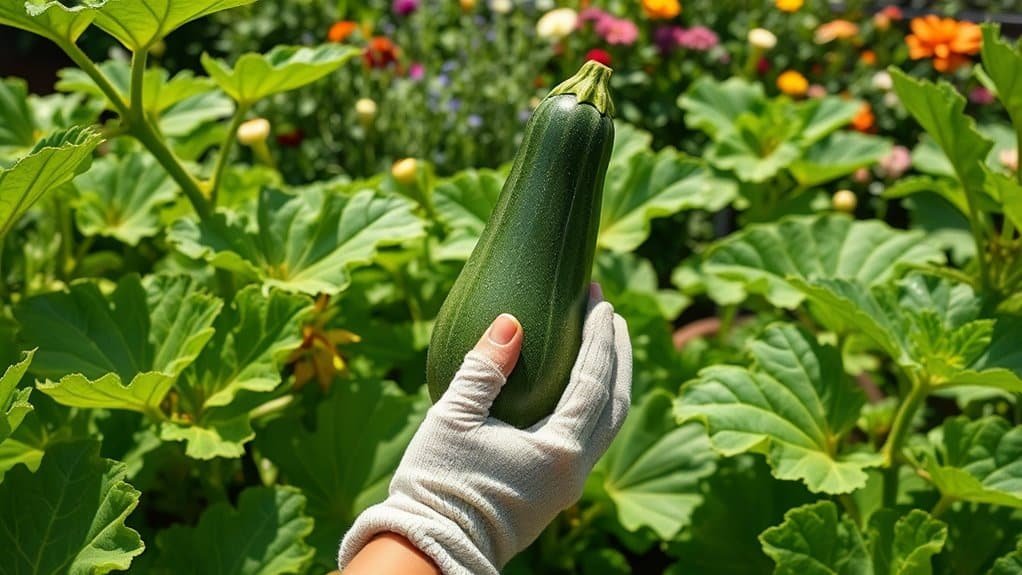Een hand in een witte handschoen houdt een groene courgette omhoog in een tuin. De achtergrond toont weelderige groene bladeren en kleurrijke bloemen in volle bloei.