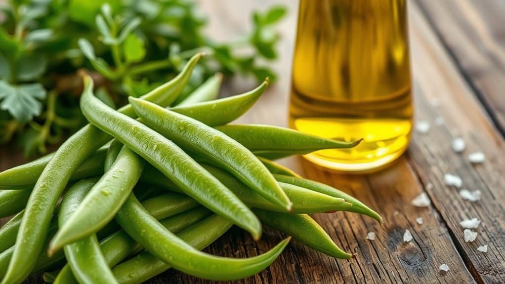 Een bundel verse sperziebonen op een houten oppervlak, vergezeld door een glazen fles olijfolie. Grof zout is in de buurt gestrooid en wat peterselieblaadjes zijn zichtbaar op de achtergrond.