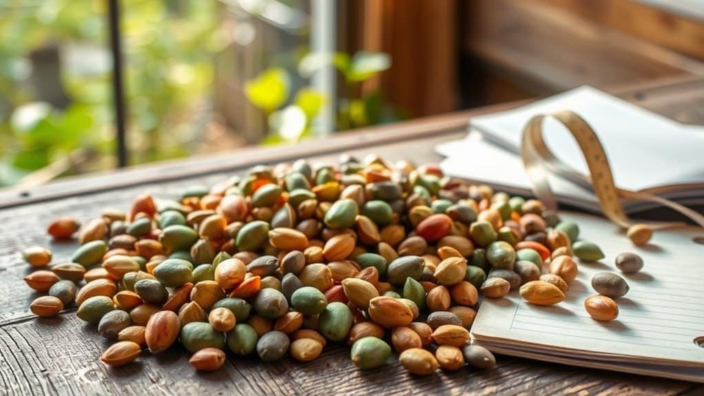 Een stapel kleurrijke zaden in tinten groen, oranje en bruin ligt op een houten tafel naast een open notitieboekje en een licht gevouwen meetlint. Zonlicht stroomt door een raam op de achtergrond, benadrukt de zaden en creëert een warme ambiance.