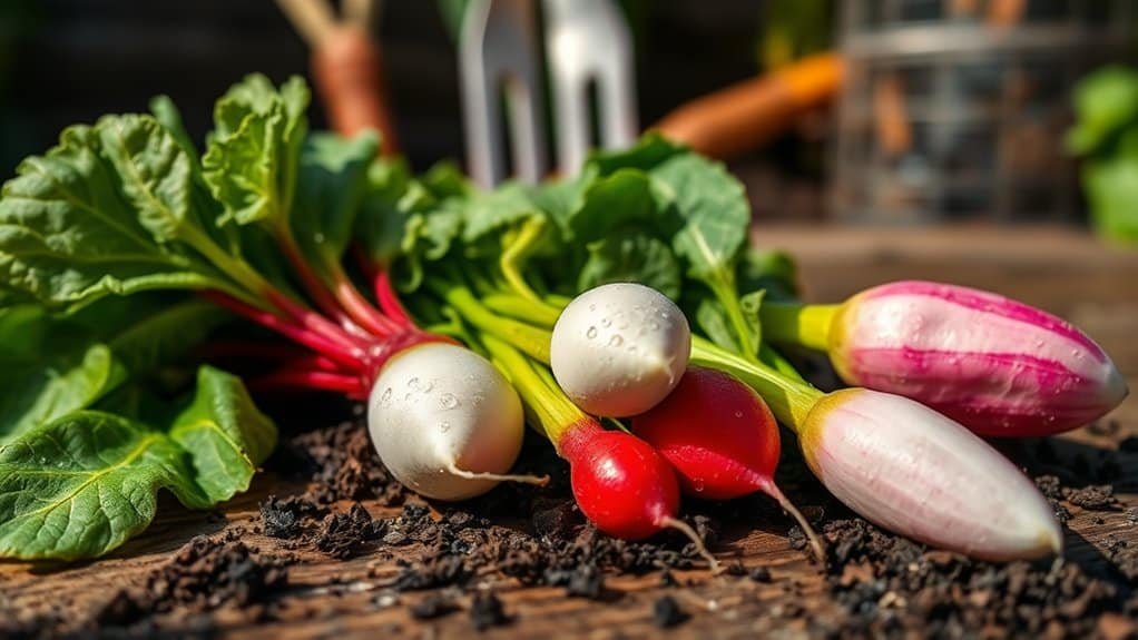 Een verscheidenheid aan verse radijzen, waaronder rode, roze en witte, liggen op aarde met groene bladeren eraan. Waterdruppels stippelen de radijzen, wat suggereert dat ze onlangs zijn gewassen. Op de wazige achtergrond zijn tuingereedschappen zichtbaar.