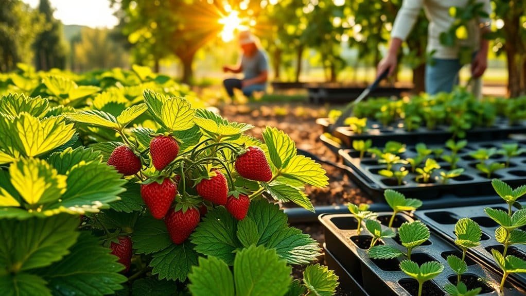 Zonovergoten tuin met rijpe aardbeien op de voorgrond. Mensen verzorgen planten op de achtergrond, omringd door groen. Bladplanten in bakken zijn ook zichtbaar, die de warme gloed van de ondergaande zon vangen.