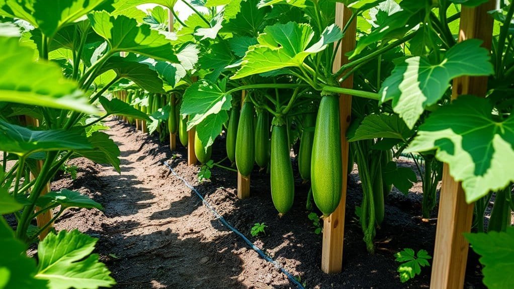 Courgetteplanten groeien in een tuin, ondersteund door houten palen. De weelderige groene bladeren bieden schaduw aan de rijpende courgettes die aan de ranken hangen. Het zonlicht filtert erdoorheen en verlicht de groenten en de grond eronder.