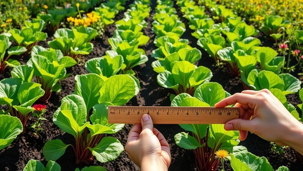 Handen houden een houten liniaal vast om de groei van bladgroene planten in een zonnige tuin te meten. Felgroene bladeren en wat gele bloemen zijn zichtbaar, met rijen planten die zich uitstrekken tot op de achtergrond.
