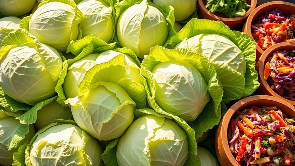 Verse groene koolsoorten liggen op een stapel naast houten kommen vol met kleurrijke, gehakte groenten zoals rode kool, wortels en kruiden. De scène is fel verlicht, wat de nadruk legt op de versheid en levendige kleuren van de producten.