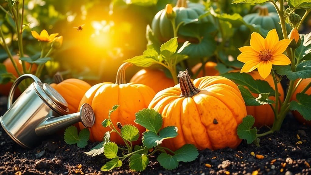 Meerdere feloranje pompoenen omringd door groene bladeren in een tuin. Een gieter staat ernaast. Een zonnebloem bloeit in de buurt onder de warme gloed van zonlicht, met een bij die erboven zweeft.
