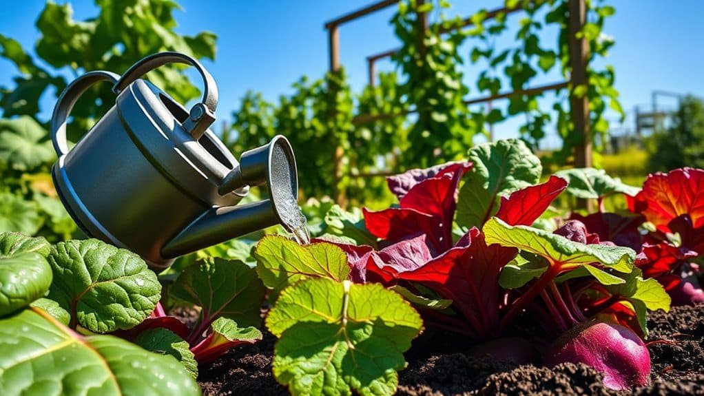 Een metalen gieter giet water op felgroene en rode bladplanten in een zonnige tuin. Houten trellis met klimplanten zijn zichtbaar op de achtergrond onder een helderblauwe lucht.