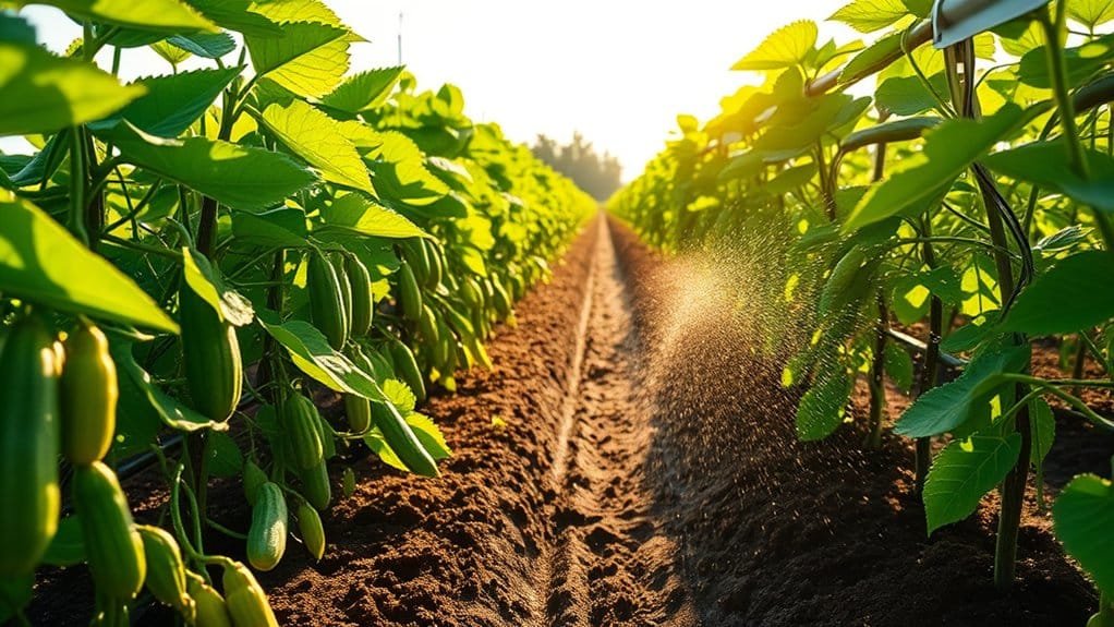 Sunlit rows of lush green plants on a farm with rich brown soil. The vibrant leaves cast soft shadows while small cucumbers hang from vines. A sprinkler sprays a fine mist of water over the crops, highlighting the sunlight.