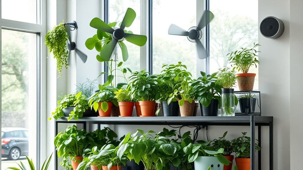 Een verscheidenheid aan potplanten gerangschikt op een metalen plank met meerdere niveaus bij grote ramen. Plafondventilatoren zichtbaar erboven, die voor luchtstroom zorgen. Natuurlijk licht van de ramen verlicht de groene bladeren, wat een frisse, levendige atmosfeer creëert.