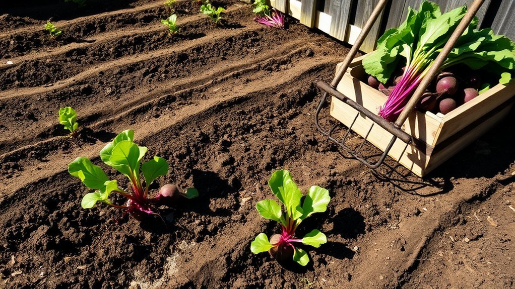 Een tuin met rijen bladrijke radijsplanten die groeien in donkere aarde. Een houten krat gevuld met vers geoogste radijsjes staat aan de rand, naast een tuinvork die erop leunt. Zonlicht werpt schaduwen over het tafereel.