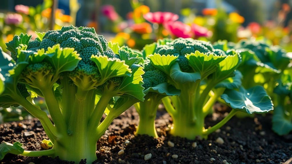 Close-up van levendige broccoliplanten in een tuin, badend in zonlicht. De focus ligt op hun groene bloemetjes en bladeren, met kleurrijke bloemen die zacht vervagen op de achtergrond, wat een pittoresk en levendig tafereel creëert.