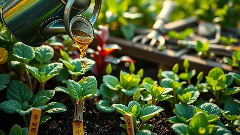 Een gieter giet water over jonge planten in een zonnige tuin. De scène omvat weelderige groene bladeren, plantenmarkeringen en tuingereedschap op de achtergrond, wat een levendige en goed onderhouden tuinbed benadrukt.
