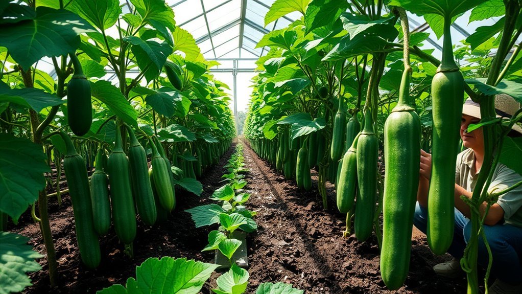 A person harvesting cucumbers in a greenhouse full of lush green plants. Long cucumbers hang from vines in neat rows in rich soil under a sunny glass roof.