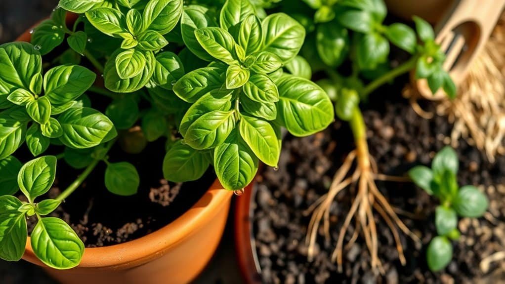Een gezonde basilicumplant in een terracotta pot met felgroene bladeren wordt tentoongesteld. In de buurt is een basilicumplant ontworteld, waardoor de wortels zichtbaar zijn. De achtergrond is voorzien van aarde en kleine basilicumzaailingen. Zonlicht benadrukt de scène.