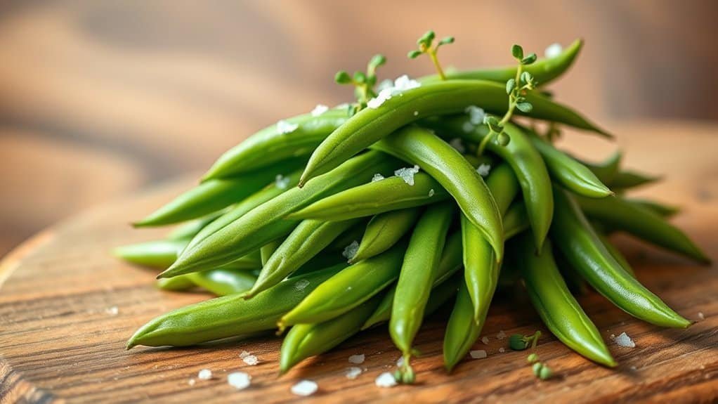 Een stapel verse groene bonen bestrooid met grof zout, geplaatst op een houten oppervlak. Een klein takje tijm is zichtbaar tussen de bonen, wat hun levendige groene kleur en versheid versterkt.
