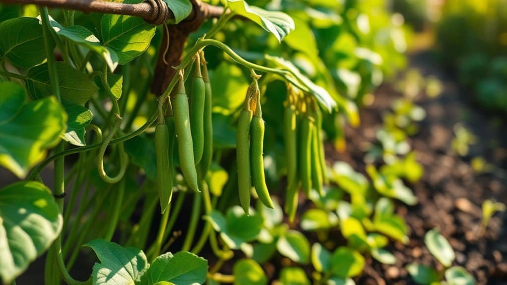 Close-up van groene bonen die aan een plant hangen in een zonnige tuin. De bonen zijn langwerpig en levendig, omgeven door weelderige groene bladeren. De achtergrond is zacht vervaagd, waardoor de verse producten op de voorgrond worden benadrukt.