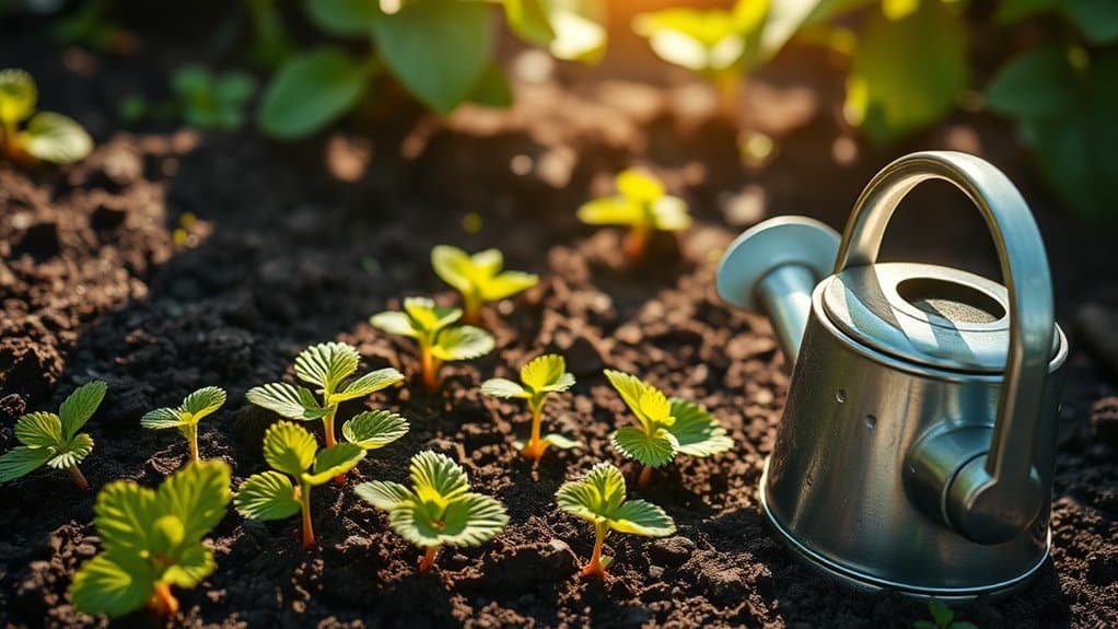 Een kleine metalen gieter staat op rijke, donkere aarde, omringd door jonge groene zaailingen. Zonlicht verlicht de bladeren, waardoor een levendige en frisse atmosfeer ontstaat, wat de koesterende groei van een tuin suggereert.