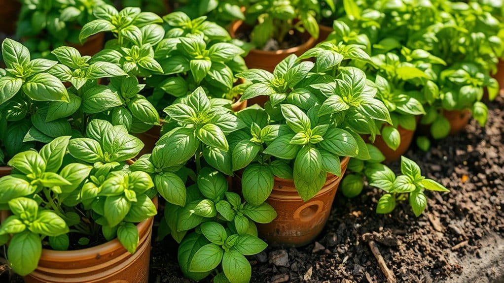 Potten met basilicumplanten met weelderige groene bladeren worden dicht bij elkaar op de grond gezet, zodat ze in het zonlicht kunnen baden.