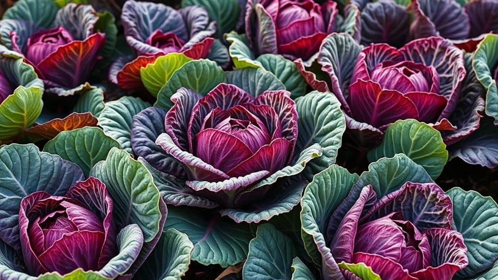 Een levendige tuin vol paarse sierkolen met weelderige, getextureerde groene bladeren, elk met gelaagde, kleurrijke patronen. De koolsoorten zijn dicht op elkaar gerangschikt, wat een opvallend visueel contrast met het gebladerte creëert.