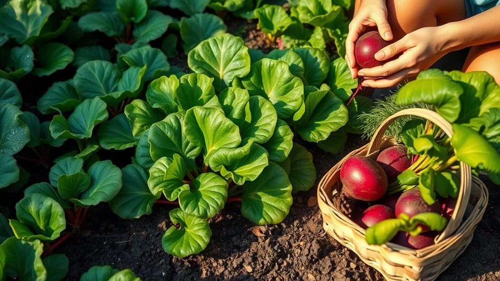 Een persoon oogst rijpe bieten uit een tuin, houdt er een in zijn handen. Weelderige groene bladeren omringen de felrode groenten. Een rieten mand gevuld met geoogste bieten staat ernaast op de grond. Zonlicht accentueert het tafereel.