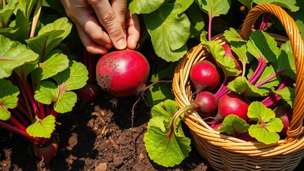 Een persoon oogst felrode bieten uit de grond. Eén biet wordt eruit getrokken, terwijl andere in een rieten mandje in de buurt rusten. De bieten hebben weelderige groene bladeren en worden omringd door meer groeiende planten. De grond is donker en rijk.