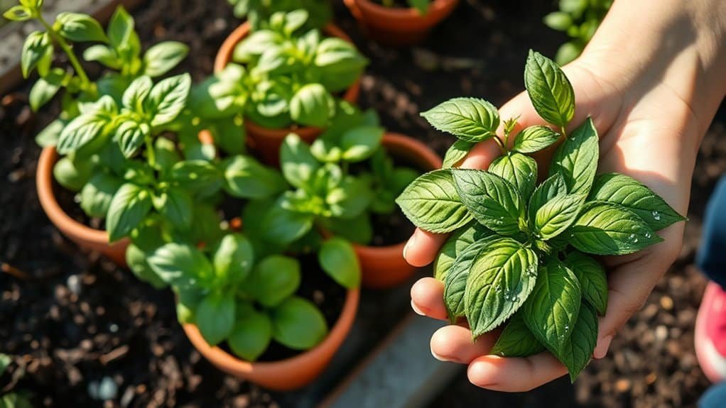 Een persoon houdt een basilicumplant met felgroene bladeren in zijn hand. Verschillende potbasilicumplanten staan op de achtergrond, geplaatst op aarde in een tuinomgeving, verlicht door zonlicht.