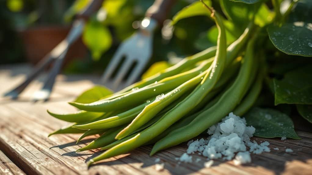 Een bos verse sperziebonen rust op een houten oppervlak naast een klein hoopje zout. Tuingereedschap is zichtbaar in de wazige achtergrond, met groen gebladerte dat een natuurlijke toets aan de scène toevoegt.