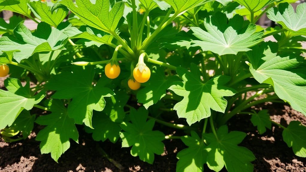 Weelderige groene plant met brede, gelobde bladeren en verschillende kleine, ronde, felgele bessen die eraan hangen. De plant staat in een tuin met zichtbare aarde onder het gebladerte. Zonlicht werpt schaduwen op de bladeren.