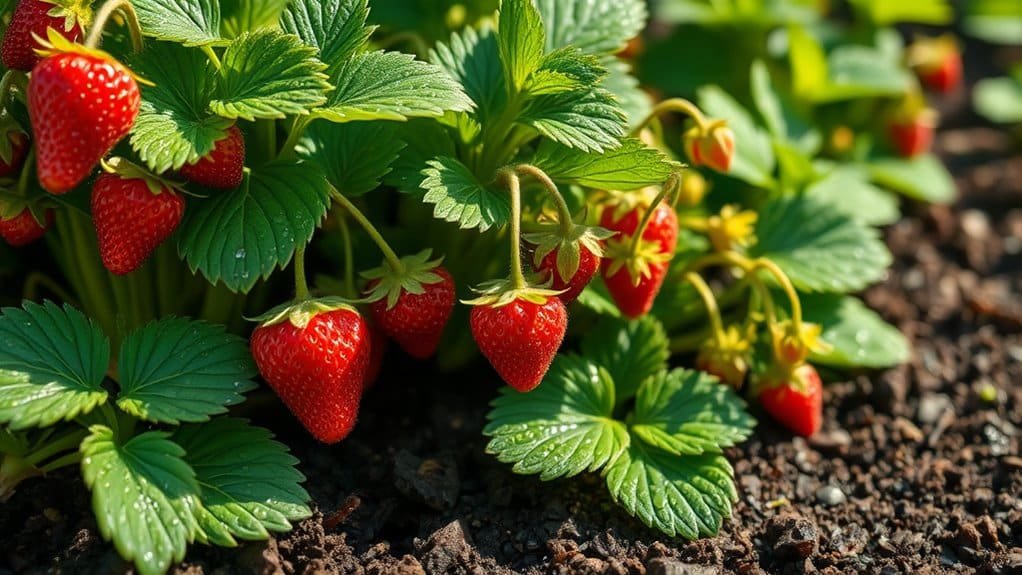 Een tros rijpe, rode aardbeien omgeven door groene bladeren die groeien uit donkere, rijke grond. Zonlicht accentueert de bladeren en het fruit, waardoor een levendige tuin ontstaat. Er zijn wat waterdruppels zichtbaar op de bladeren en bessen.