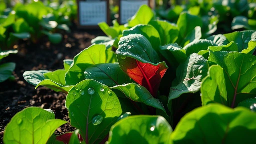 Close-up van weelderige groene en rode bladplanten in een tuin, met ochtenddauwdruppels die op de bladeren glinsteren. Het zonlicht creëert levendige contrasten in het gebladerte en er zijn wazige labels te zien op de achtergrond.