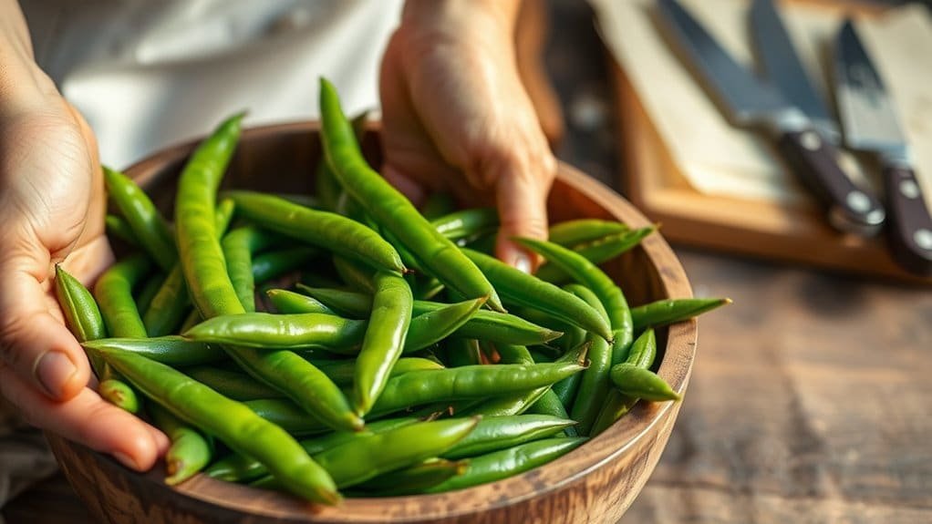 Handen die een houten kom vasthouden die gevuld is met verse sperziebonen. De achtergrond toont een houten snijplank met messen. De afbeelding geeft een rustieke, culinaire setting weer.