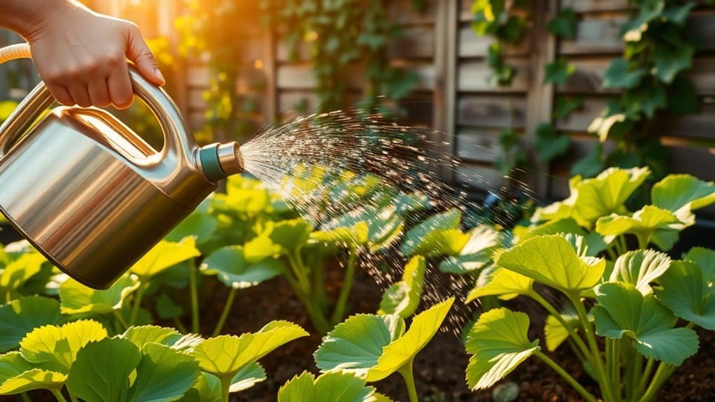 Een hand geeft bladgroene planten water met een metalen gieter in een tuin. Het zonlicht filtert erdoorheen en werpt een warme gloed. Een houten hek en klimplanten staan op de achtergrond.