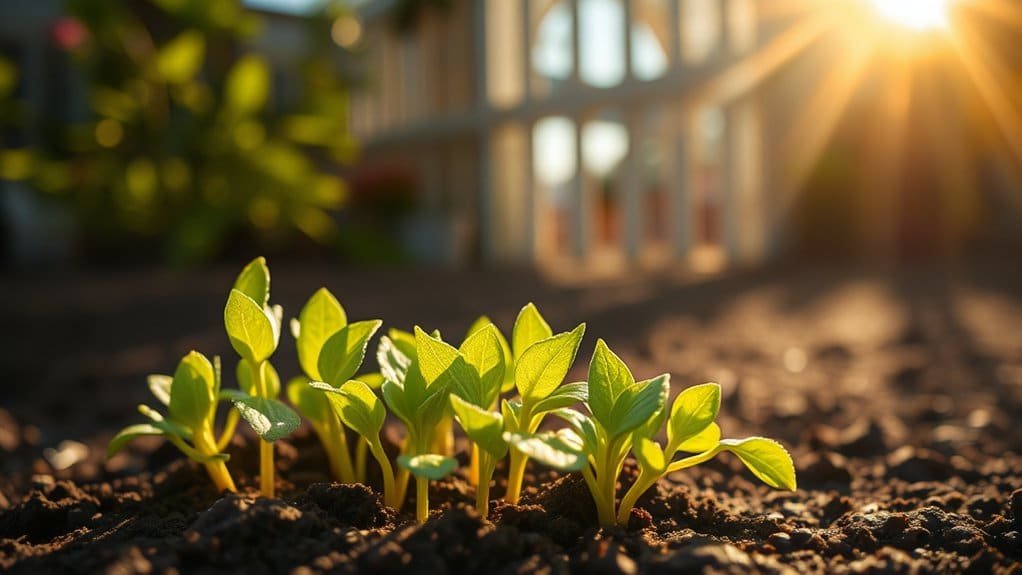 Kleine groene zaailingen ontkiemen uit de grond, badend in warm zonlicht. De zon schijnt fel door een nabijgelegen structuur, en werpt een serene gloed over de jonge planten in een tuinsetting.