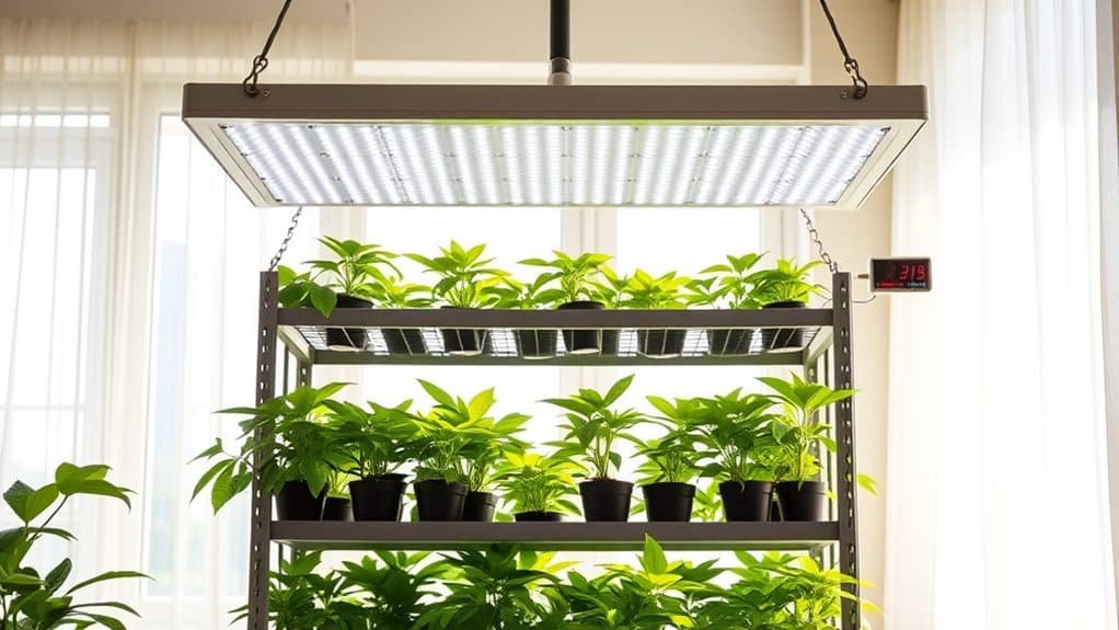 Een meerlaags plantenrek voor binnen houdt rijen groene potplanten onder een LED-groeilamp boven het hoofd. Een digitaal temperatuurdisplay geeft 31,8 graden Celsius aan. De opstelling staat bij zonnige ramen met doorzichtige gordijnen.