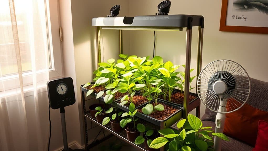 Een kleine binnentuinopstelling met jonge groene planten onder een kweeklamp op een metalen plank. Een ventilator is in de buurt geplaatst voor luchtcirculatie. Zonlicht stroomt door een raam naar binnen en een ingelijste foto hangt aan de muur.