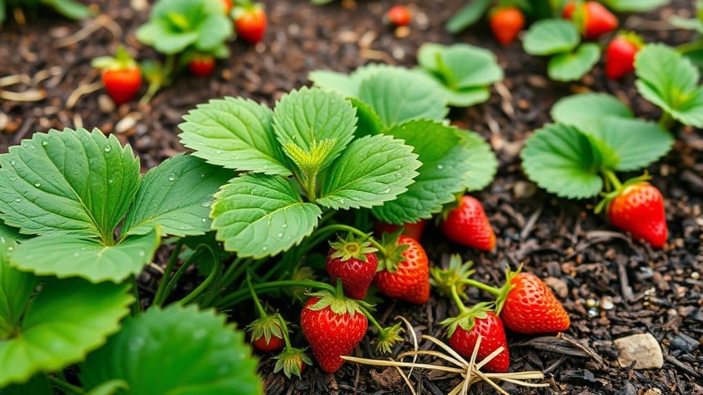 Een aardbeienplant met levendige groene bladeren en rijpe rode aardbeien die groeien in een tuin met schorsmulch. De bessen zijn verspreid rond de basis van de plant, klaar om te oogsten.