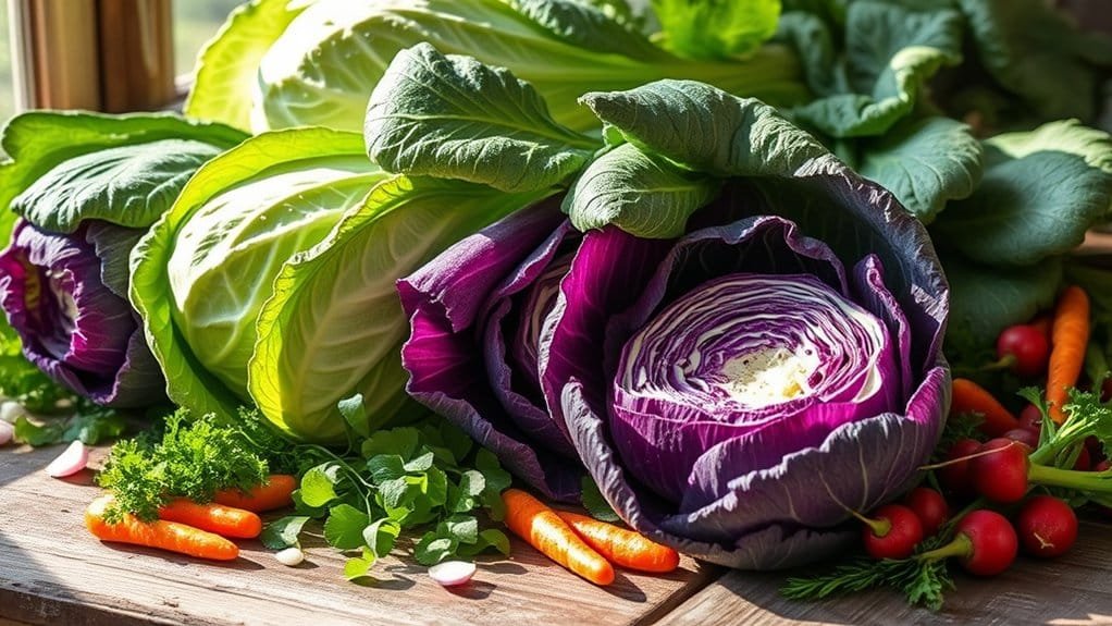 Een levendige weergave van verse groenten op een houten oppervlak: twee koolkoppen met groene bladeren, waarvan er één gehalveerd is om paarse lagen te onthullen, omringd door kleine wortels, cherrytomaatjes en groene kruiden. Zonlicht versterkt de kleuren.