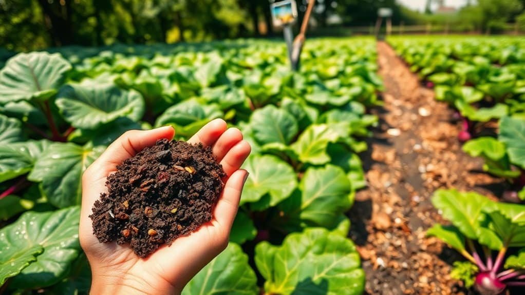 Een hand houdt donkere, rijke aarde vast tegen de achtergrond van een weelderige moestuin met rijen bladgroen in het zonlicht. De focus ligt op de aarde, met de tuin die zich uitstrekt tot in de verte.