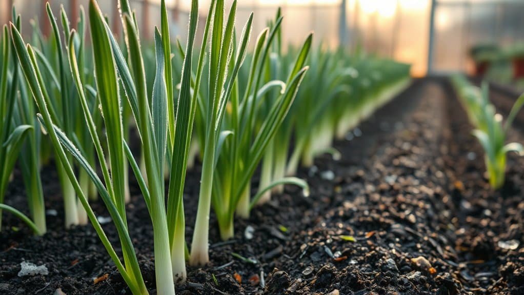 Rijen jonge groene uienplanten groeien in donkere aarde in een kas. Zonlicht filtert door het glas en werpt een warme gloed over de levendige, gezonde planten.
