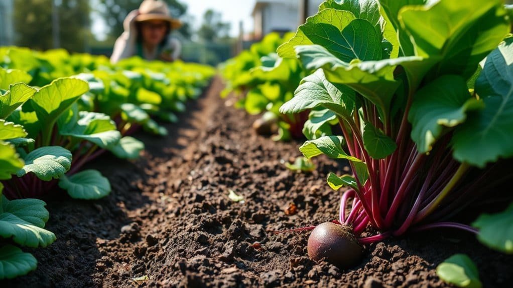 Close-up van een levendige moestuin met rijen bladgroene planten. Een donkerrode biet is zichtbaar tussen de planten. Een persoon met een hoed is vaag te zien op de achtergrond, die in het zonlicht de tuin verzorgt.