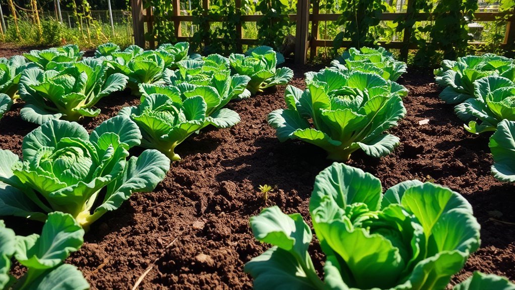 Weelderige groene koolsoorten groeien in nette rijen in een tuin met rijke bruine grond. Houten trellis zijn zichtbaar op de achtergrond, die klimplanten ondersteunen. Zonlicht verlicht de levendige bladeren, wat een serene en productieve tuinscène creëert.