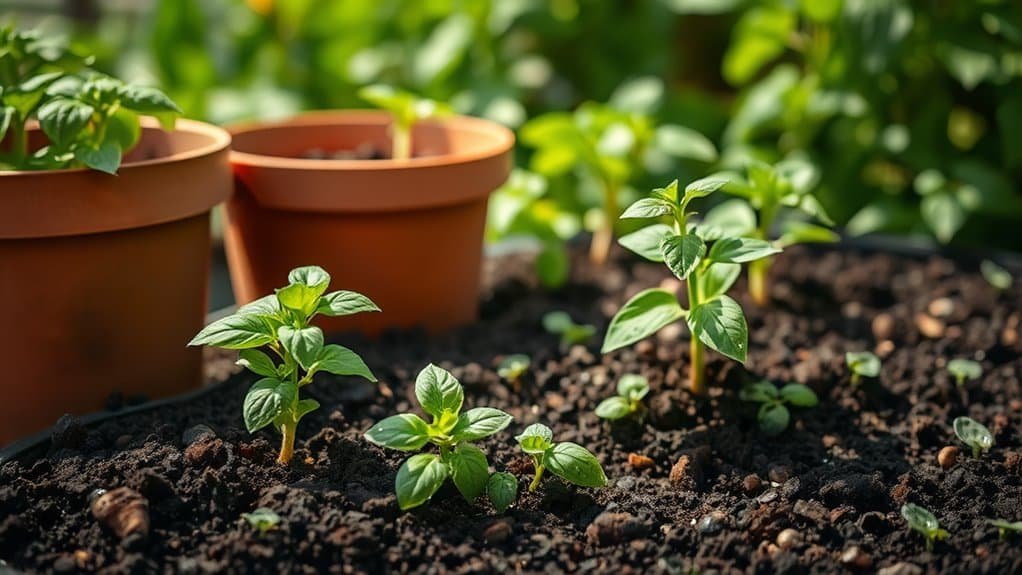 Jonge basilicumplanten groeien in rijke, donkere grond, omringd door weelderig groen. Twee terracotta potten met meer basilicumplanten staan op de zachte achtergrond, wat doet denken aan een bloeiende kruidentuin. Zonlicht benadrukt de levendige groene bladeren.
