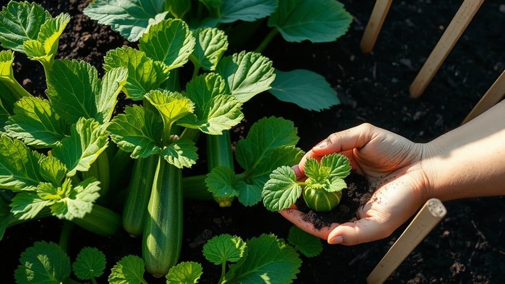 Een hand houdt voorzichtig een jonge courgetteplant vast boven rijke, donkere grond in een tuin. Er groeien verschillende volwassen courgettes met grote, levendige groene bladeren in de buurt, wat duidt op een overvloedige oogst. Op de achtergrond zijn houten palen zichtbaar.