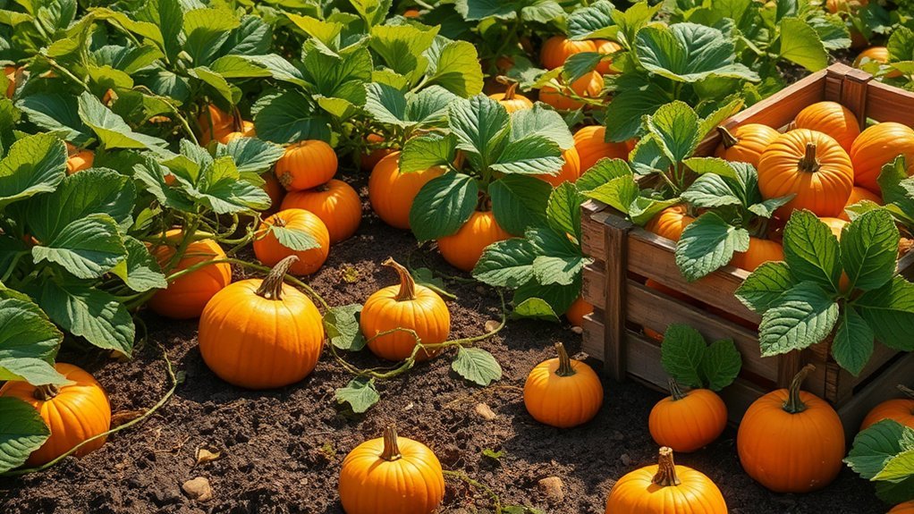 Een levendige pompoenplek met talloze oranje pompoenen die groeien tussen weelderige groene bladeren. Een houten krat gevuld met geoogste pompoenen staat rechts. Zonlicht accentueert de scène en werpt zachte schaduwen op de rijke grond.