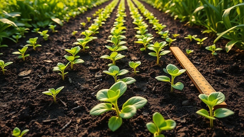 Rijen jonge groene zaailingen die opkomen uit rijke, donkere grond, badend in warm zonlicht. Een houten liniaal is naast de rijen geplaatst, wat duidt op meting of groeitracking in een bloeiende tuin of boerderijomgeving.