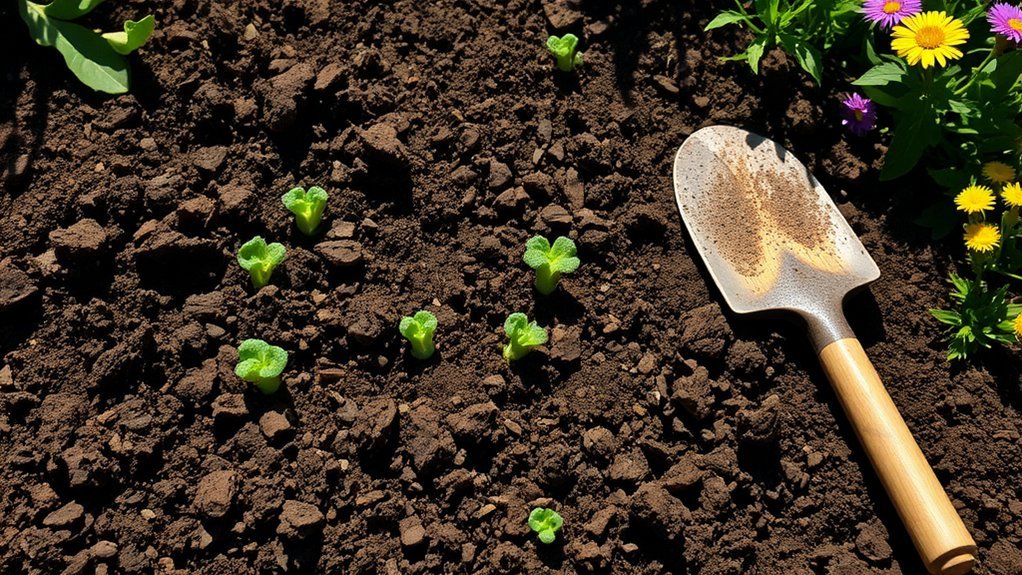 Een metalen tuinschep met een houten handvat ligt op rijke, donkere grond naast levendige, jonge groene zaailingen die ontkiemen. Paarse en gele bloemen bloeien in de rechterbovenhoek, wat een explosie van kleur toevoegt.