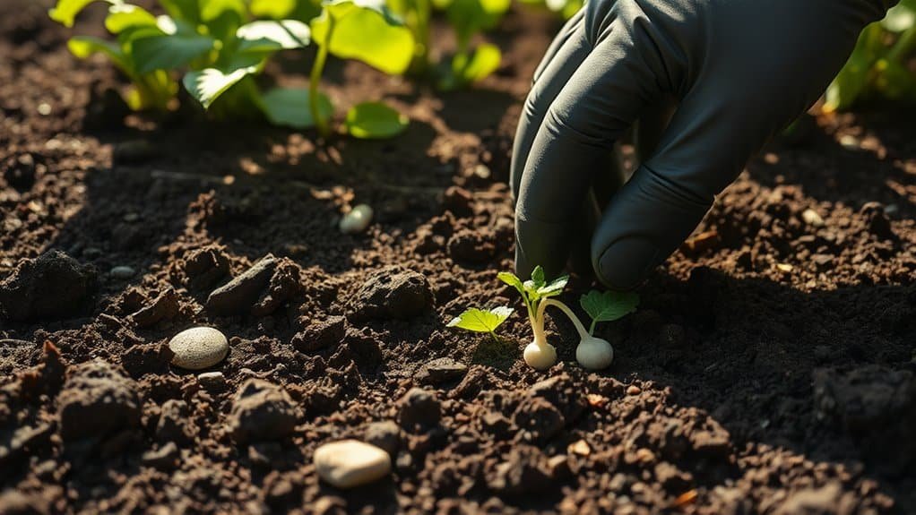 Een gehandschoende hand plant voorzichtig een kleine zaailing in donkere, voedingsrijke grond, met een paar stenen verspreid eromheen. Andere jonge planten zijn zichtbaar op de achtergrond, onder warm, natuurlijk licht.